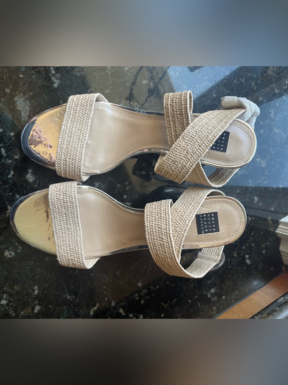 White House Black Market Cream Woven Block Heel Sandals with Ankle Strap